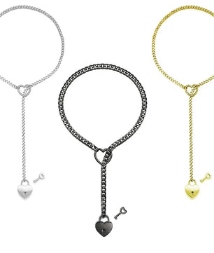 Adjustable Heart O-Ring Punk Rock Cuban Chain Necklace – Lariat Y-Style Necklace with Key & Heart Lock Pendant