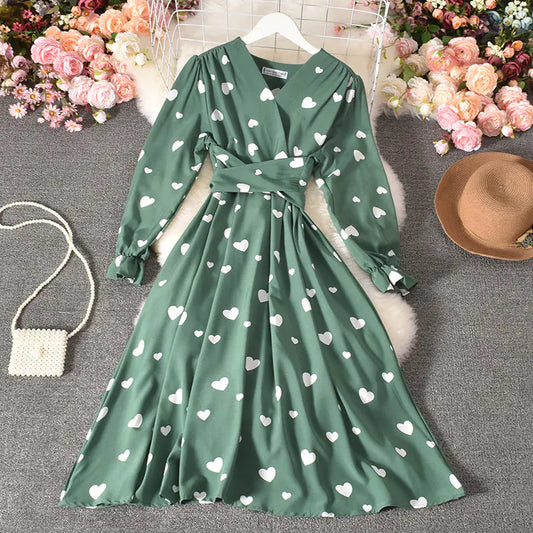Pleated Long Dress with Tie Belt and Love Design