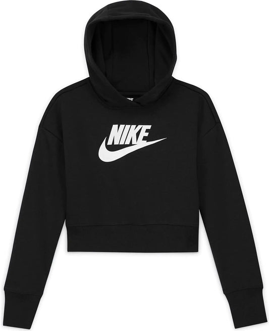 Nike Girls Sportswear Club Fleece Crop Hoodie (Little Kids/Big Kids) Black/White XL (18-20 Big Kid)