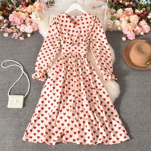 Pleated Long Dress with Tie Belt and Love Design