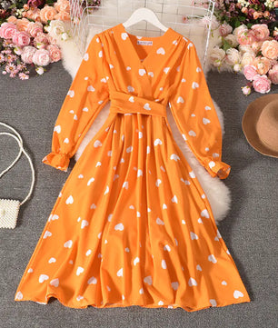 Pleated Long Dress with Tie Belt and Love Design