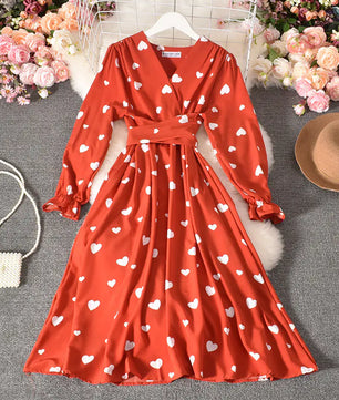Pleated Long Dress with Tie Belt and Love Design