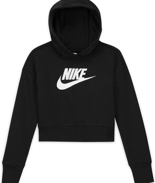 Nike Girls Sportswear Club Fleece Crop Hoodie (Little Kids/Big Kids) Black/White XL (18-20 Big Kid)
